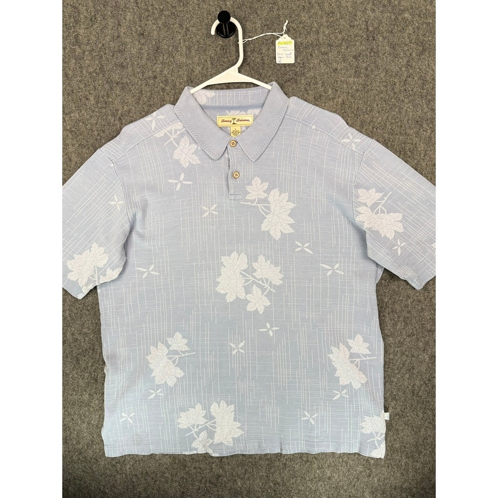 Tommy Bahama Mens Large Blue Silk Cotton Tropical Leaf Knit Polo Shirt
